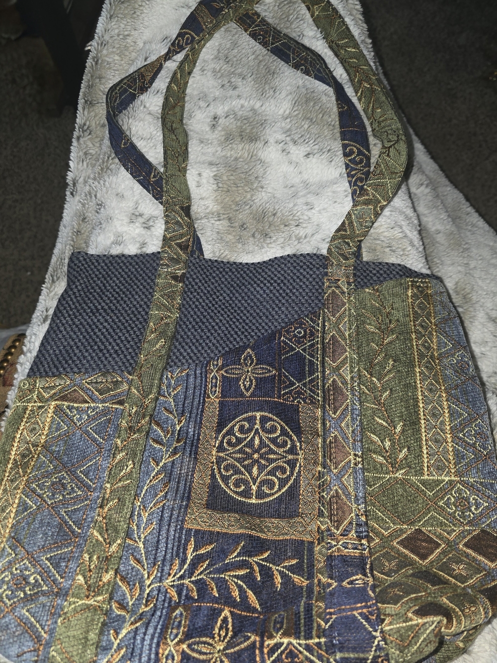 Decorative Navy & Olive Tapestry Shoulder Bag